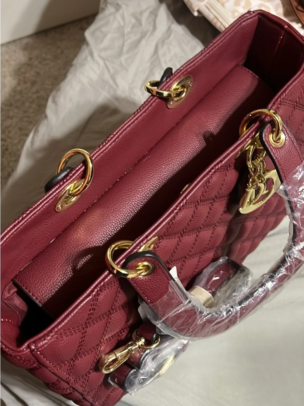 Quilted Burgundy Leather Tote with Gold Hardware - Unbranded
